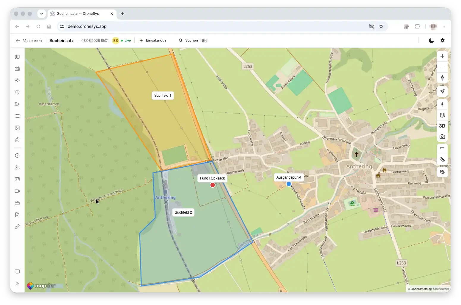 DroneSYS Einsatz-Karte mit Suchfeldern und Fundmeldung