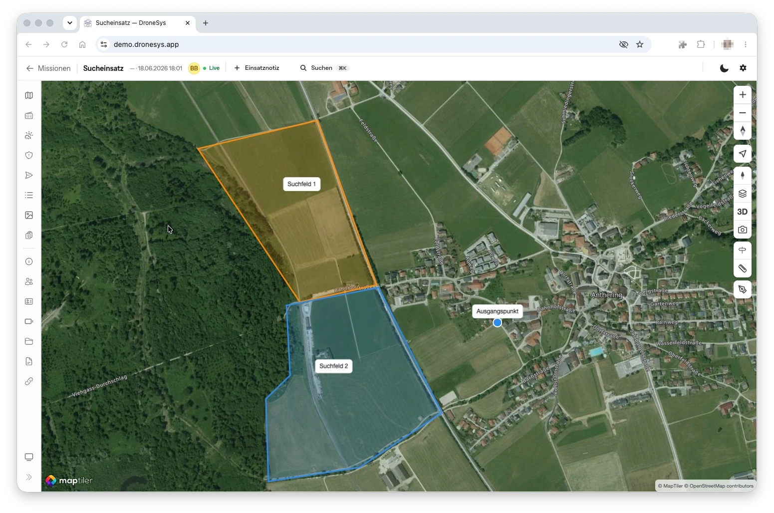 DroneSYS Einsatz-Karte — Live-Lagebild mit Suchfeldern und Einsatzkräften